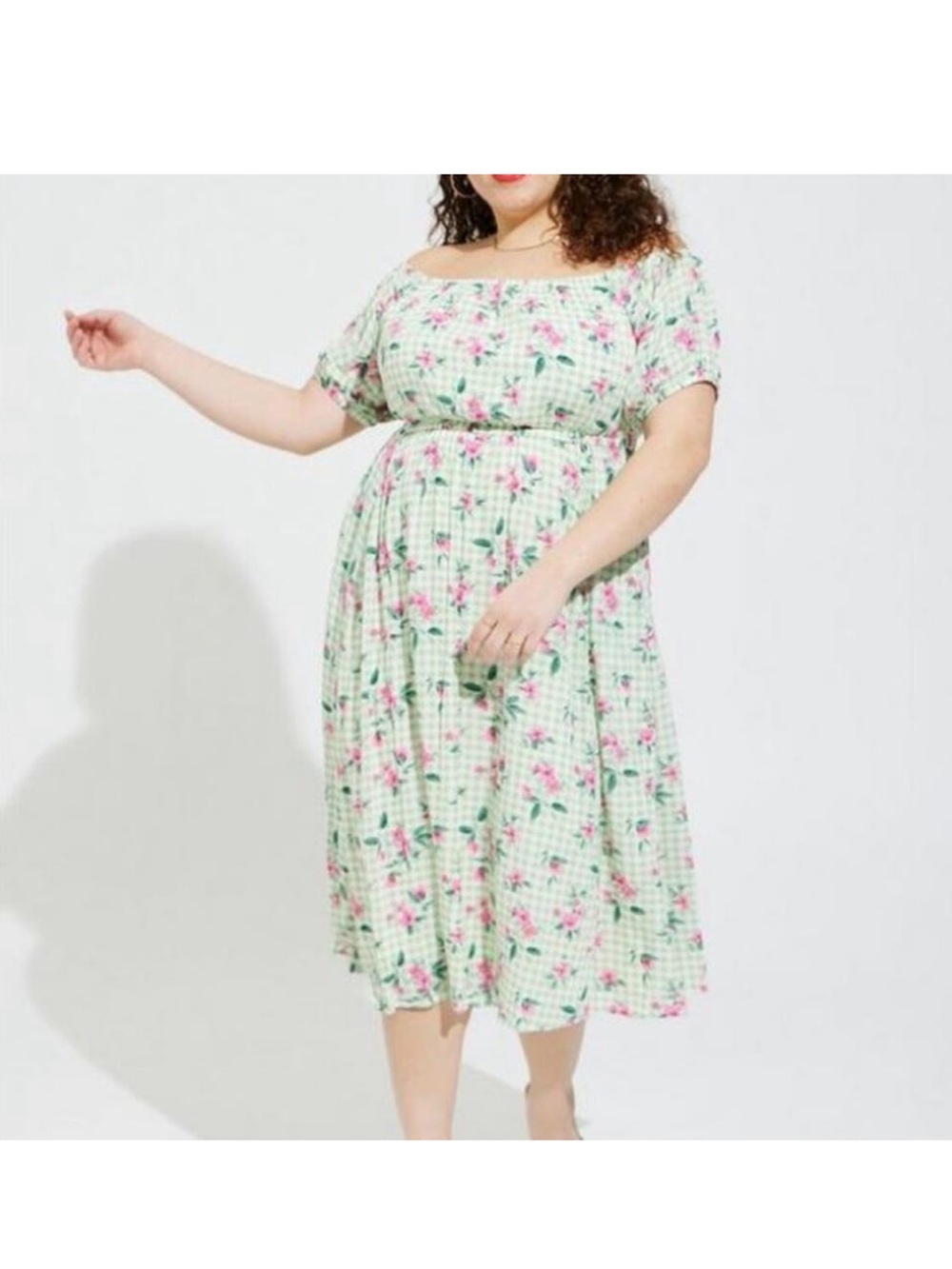 Retro Chic Torrid Gingham Off the Shoulder Vintage Green Floral Dress Large 00